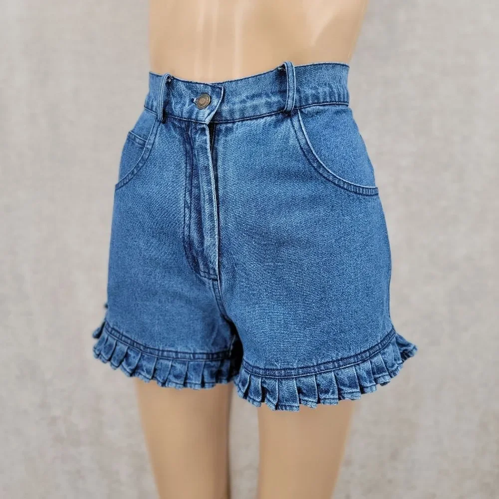 Newport News Vintage 90s Denim Ruffle Hem Women's Blue Jean Shorts High Rise Mom